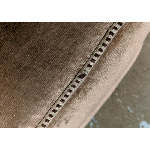 295 - SOFA, traditional brown cloth upholstery, beige piping to edges, wooden frame, 84cm H x 145cm W x 80... 