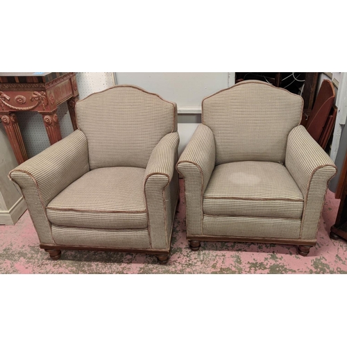 296 - CLUB ARMCHAIRS, a pair, traditional brown and beige upholstery, piping to edges, wooden frames, 84cm... 