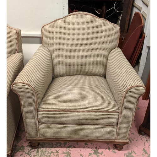 296 - CLUB ARMCHAIRS, a pair, traditional brown and beige upholstery, piping to edges, wooden frames, 84cm... 