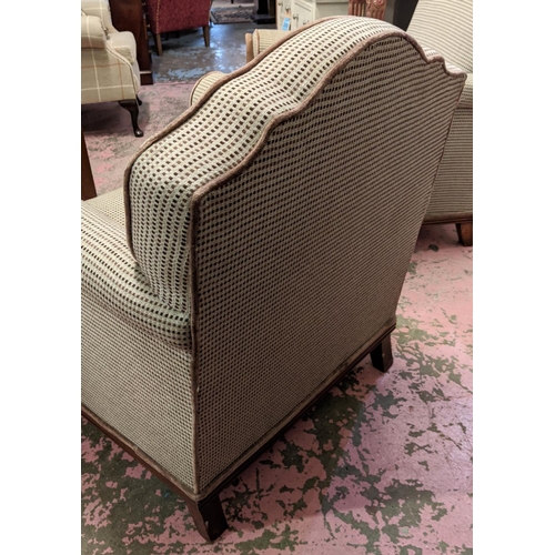 296 - CLUB ARMCHAIRS, a pair, traditional brown and beige upholstery, piping to edges, wooden frames, 84cm... 