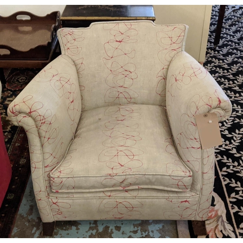 298 - TUB CHAIRS, a pair, mid 20th century, red patterned beige ground upholstery with velvet sides and be... 