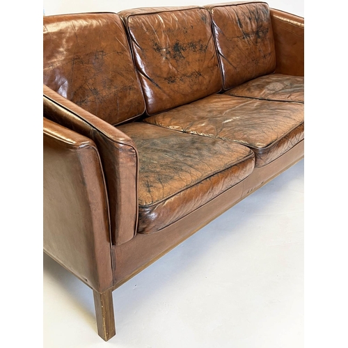 299 - DANISH SOFA, 1970's three seater, teak framed and worn grained leather upholstered, 200cm W.