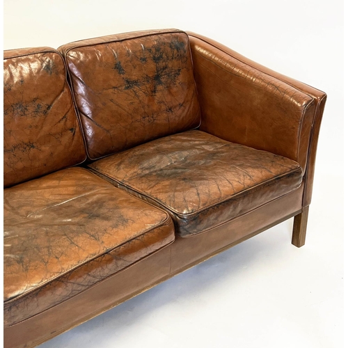 299 - DANISH SOFA, 1970's three seater, teak framed and worn grained leather upholstered, 200cm W.