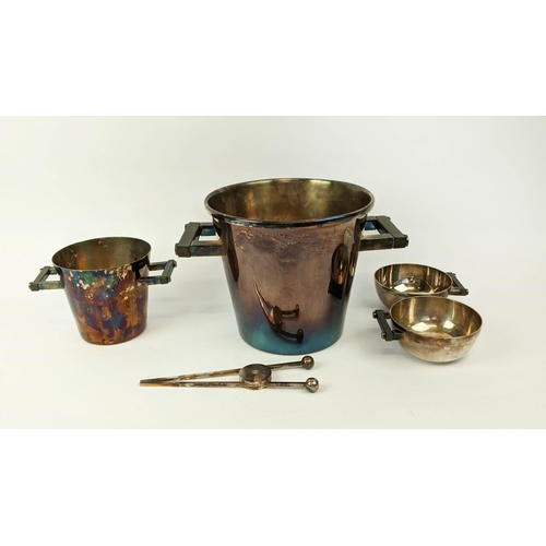 310 - LOUISE BRADLEY DRINKS SET, including champagne bucket, ice bucket, ice tongs, and two dishes, leathe... 