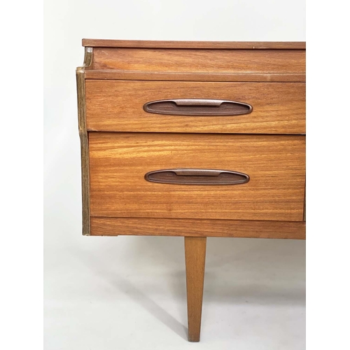 342 - LOW CHEST, 1970s teak with six short drawers and tapering supports, 150cm W x 50cm D x 70cm H.