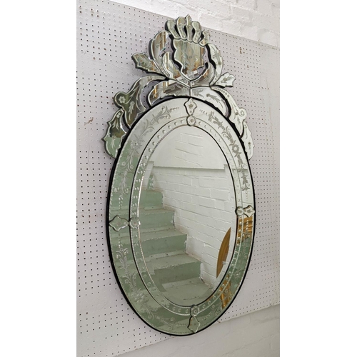 370 - VENETIAN STYLE WALL MIRROR, etched patterned glass, oval frame, 120cm H x 63cm W.