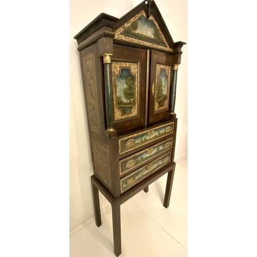 387 - AUSTRIAN CHEST ON STAND, 197cm x 81cm x 37cm. decorated panels, fitted with three drawers.