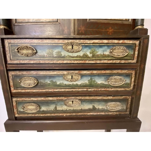 387 - AUSTRIAN CHEST ON STAND, 197cm x 81cm x 37cm. decorated panels, fitted with three drawers.