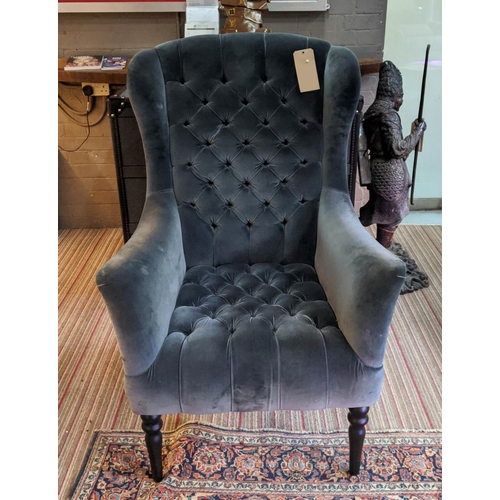 389 - JOHN SANKEY ARMCHAIR, 115cm H, button back grey velvet upholstered.