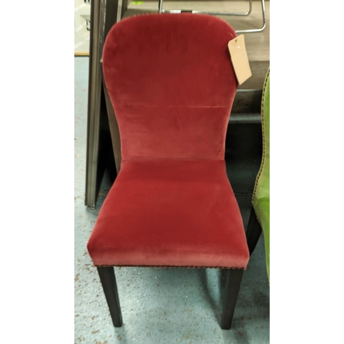 391 - DINING CHAIRS, 93cm H, a set of five, velvet upholstered, three green and two red, studded detail.