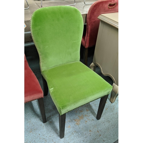 391 - DINING CHAIRS, 93cm H, a set of five, velvet upholstered, three green and two red, studded detail.