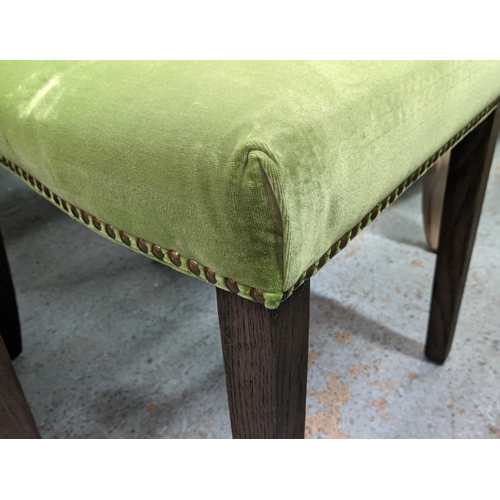 391 - DINING CHAIRS, 93cm H, a set of five, velvet upholstered, three green and two red, studded detail.