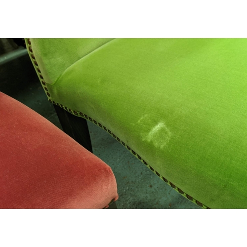 391 - DINING CHAIRS, 93cm H, a set of five, velvet upholstered, three green and two red, studded detail.