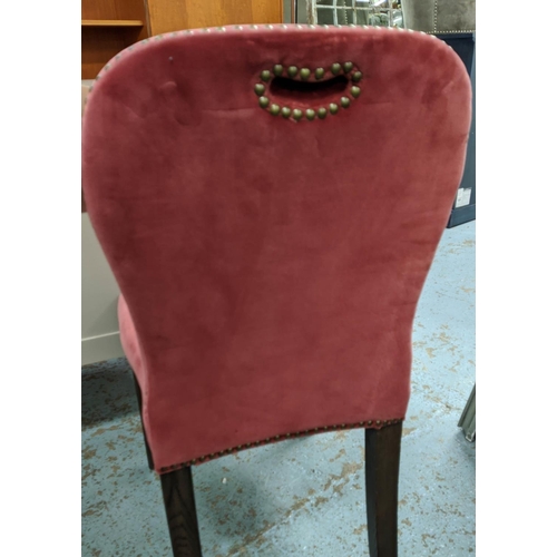 391 - DINING CHAIRS, 93cm H, a set of five, velvet upholstered, three green and two red, studded detail.