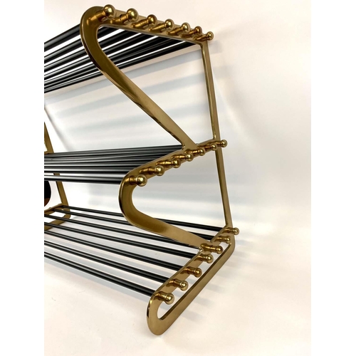 418 - SHOE RACK, 83cm W x 53.5cm H x 34cm D, 1950's Italian style, gilt metal with black bars.