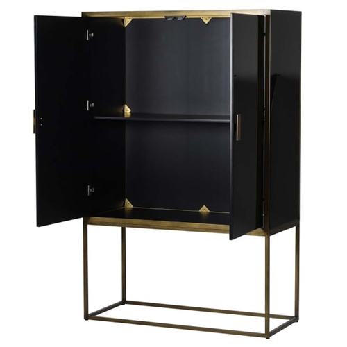 424 - DRINKS CABINET ON STAND, 178cm high, 115cm wide, 50cm deep, black painted and gilt details, gilt met... 