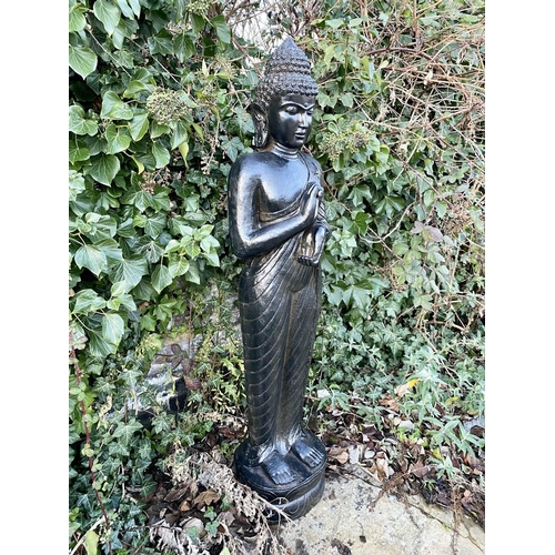 431 - GARDEN BUDDHA STATUE, bronze statue, plinth base, contemporary, 157cm high, 38cm wide, 30cm deep.