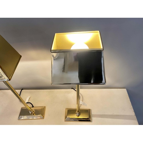 432 - LIBRARY LAMPS, a pair, each 59cm high, contemporary, rectangular shaped, gilt metal shades and bases... 