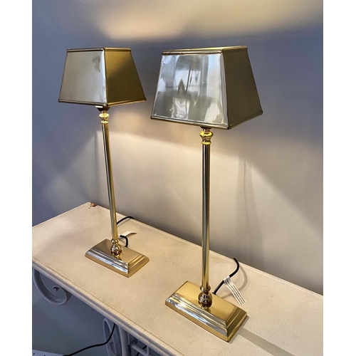 432 - LIBRARY LAMPS, a pair, each 59cm high, contemporary, rectangular shaped, gilt metal shades and bases... 