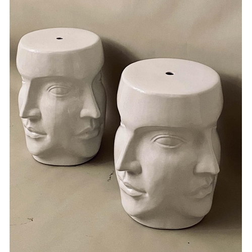 433 - SURREALIST STYLE BARREL STOOLS, 44cm high, 38cm diameter, glazed ceramic. (2)