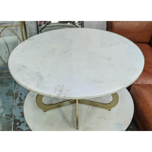 463 - COCKTAIL TABLE, white marble top, on matt brushed gilt metal base, 80cm W x 80cm L x 400cm  H.