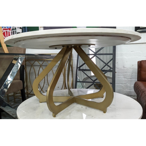 463 - COCKTAIL TABLE, white marble top, on matt brushed gilt metal base, 80cm W x 80cm L x 400cm  H.