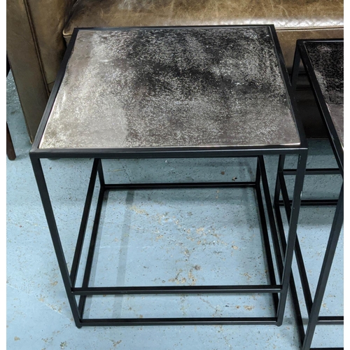 466 - SIDE TABLES, a pair, contemporary sleek design, silvered metal tops, 50cm H x 46cm W x 46cm D.