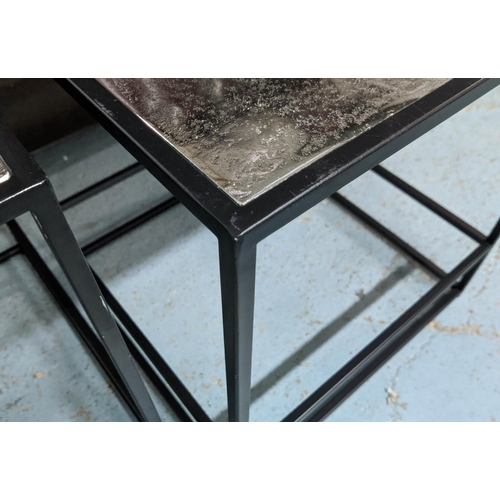 466 - SIDE TABLES, a pair, contemporary sleek design, silvered metal tops, 50cm H x 46cm W x 46cm D.