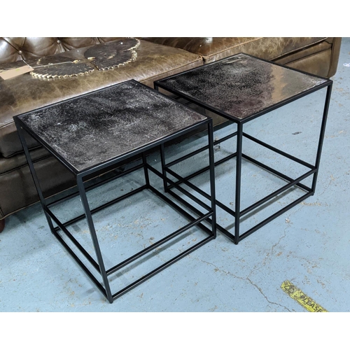 466 - SIDE TABLES, a pair, contemporary sleek design, silvered metal tops, 50cm H x 46cm W x 46cm D.