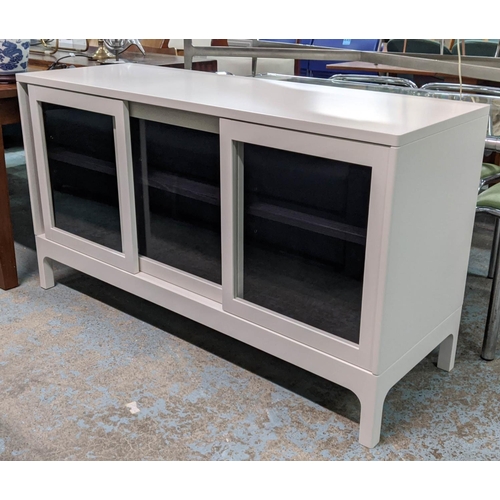 506 - PINCH SIDEBOARD, 150cm L x 83cm H x 53cm D with sliding glass doors enclosing shelves.