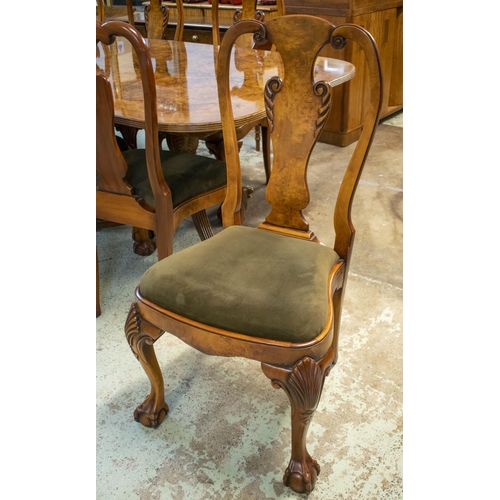 512 - DINING CHAIRS, a set of 16, George I style burr walnut, including two armchairs, with green velvet d... 