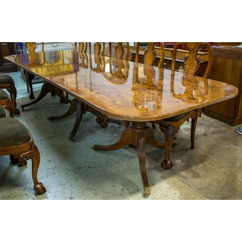 513 - TRIPLE PEDESTAL DINING TABLE, Regency style, burr walnut, with crossbanded top and one extra leaf, 7... 