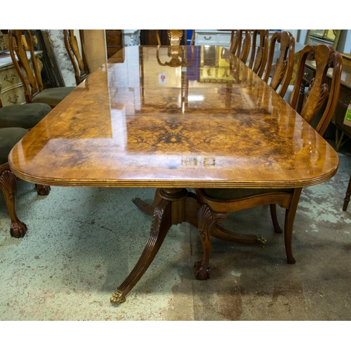 513 - TRIPLE PEDESTAL DINING TABLE, Regency style, burr walnut, with crossbanded top and one extra leaf, 7... 