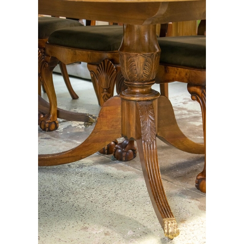 513 - TRIPLE PEDESTAL DINING TABLE, Regency style, burr walnut, with crossbanded top and one extra leaf, 7... 