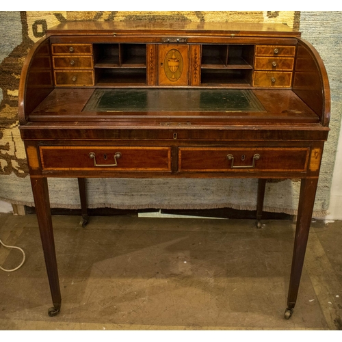 261 - ROLL TOP DESK, 99cm H x 92cm x 67cm, George III mahogany and satinwood with tambour top, fitted inte... 