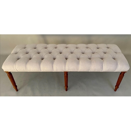 493 - HALL SEAT, 51cm x 122cm x 44cm, deep buttoned neutral linen upholstery.