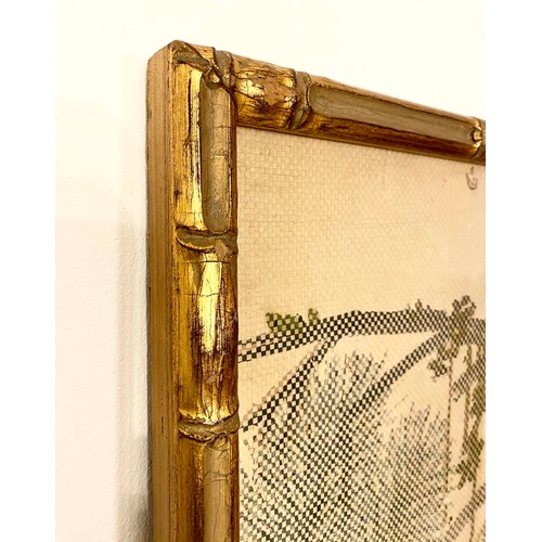 386 - CHINESE TRYPTYCH WALL PANELS, 170cm H x 48cm W, embroidered silk, faux bamboo frames. (3)