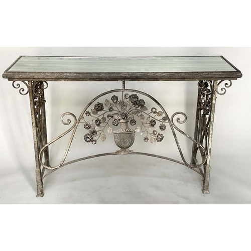 394 - CONSOLE TABLE, French style, wrought iron with distressed mirror top above foliate decorative framew... 