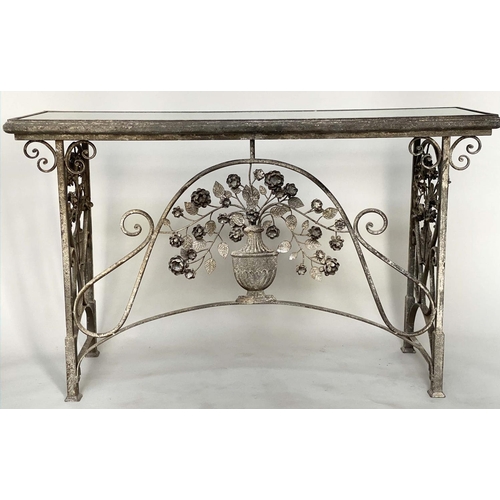 394 - CONSOLE TABLE, French style, wrought iron with distressed mirror top above foliate decorative framew... 