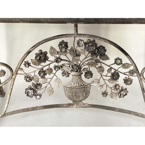 394 - CONSOLE TABLE, French style, wrought iron with distressed mirror top above foliate decorative framew... 