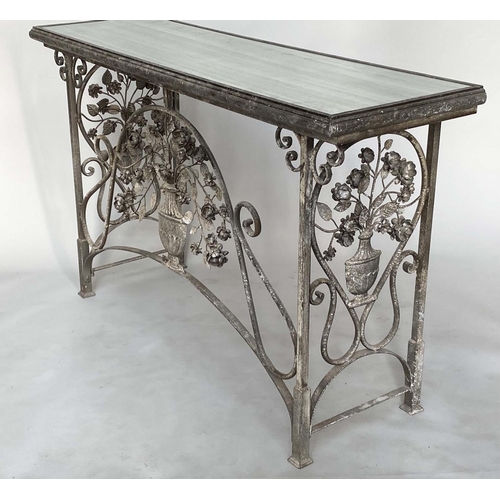 394 - CONSOLE TABLE, French style, wrought iron with distressed mirror top above foliate decorative framew... 