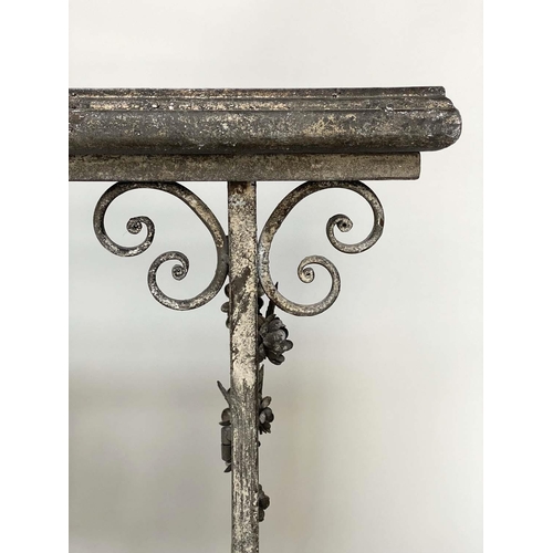 394 - CONSOLE TABLE, French style, wrought iron with distressed mirror top above foliate decorative framew... 