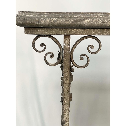 394 - CONSOLE TABLE, French style, wrought iron with distressed mirror top above foliate decorative framew... 