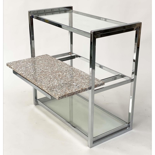 395 - SERVING TROLLEY, 1970's Italian, chrome framed with two glass and one sliding marble shelf, 78cm x 4... 