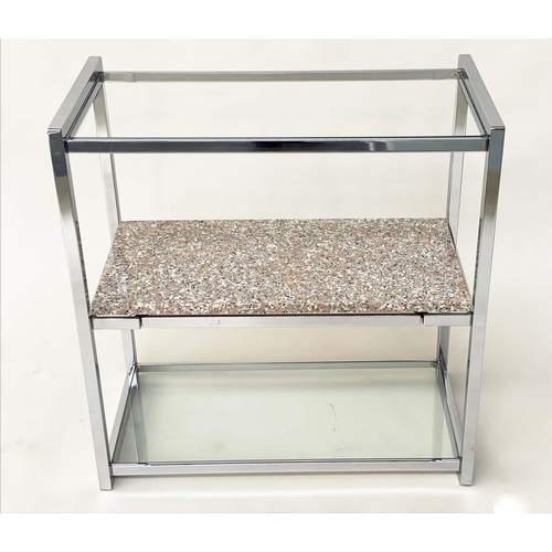 395 - SERVING TROLLEY, 1970's Italian, chrome framed with two glass and one sliding marble shelf, 78cm x 4... 