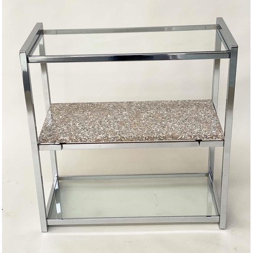 395 - SERVING TROLLEY, 1970's Italian, chrome framed with two glass and one sliding marble shelf, 78cm x 4... 