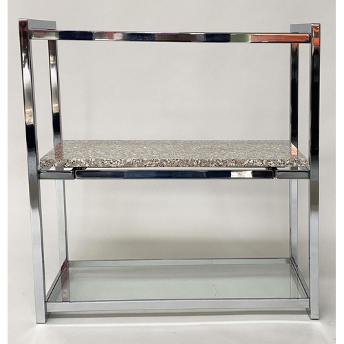 395 - SERVING TROLLEY, 1970's Italian, chrome framed with two glass and one sliding marble shelf, 78cm x 4... 