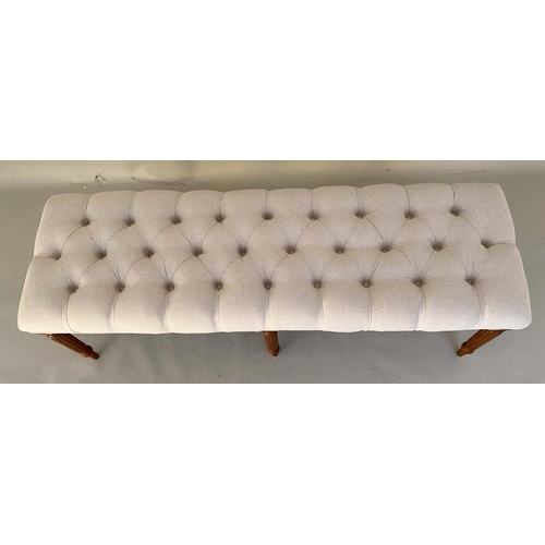 493 - HALL SEAT, 51cm x 122cm x 44cm, deep buttoned neutral linen upholstery.