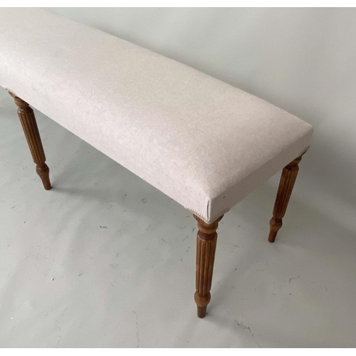 496 - HALL SEAT, 150cm x 40cm x 50cm, neutral upholstery, on six legs.