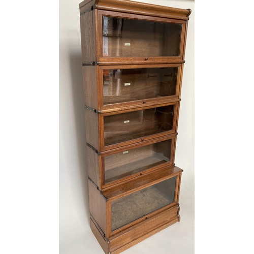 152 - GLOBE WERNICKE BOOKCASE, a graduated set of five, oak stacking glazed with cornice, plinth and label... 